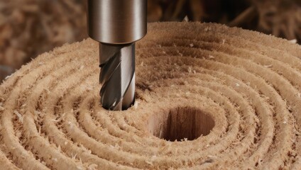 Close-up of a drill bit carving a circular pattern into a wooden surface.