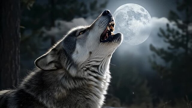 A majestic wild canid stands in sharp profile, its head tilted skyward in a powerful vocalization under the mystical glow of a prominent full lunar sphere. Its textured grey and white fur is illuminat
