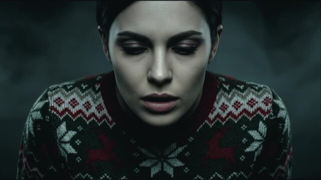 Close-Up of Vampire Woman With Emerald Eyes Revealing Her Fangs and Facial Veins