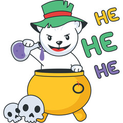 Whimsical Cartoon Polar Bear Wizard Brewing Potion in Cauldron with Skulls and HE HE Text in Halloween Theme