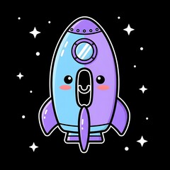 Fototapeta premium Cute cartoon rocket ship with kawaii face and stars on black background.