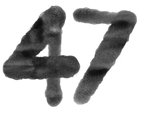Watercolor Number forty-seven, 47, black color on transparent background, Abstract isolated background, Illustration, Alphabet handmade of number, Typography, Education, Set 1-100