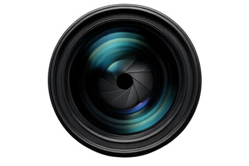 Camera lens with aperture blades closing, showing optical elements and light reflections, transparent background