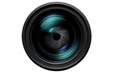 Camera lens with aperture blades closing, showing optical elements and light reflections, transparent background