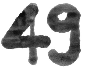 Watercolor Number forty-nine, 49, black color on transparent background, Abstract isolated background, Illustration, Alphabet handmade of number, Typography, Education, Set 1-100