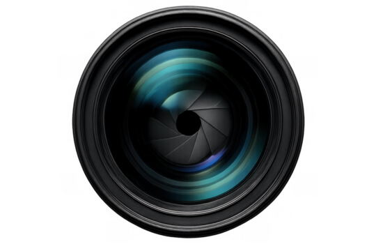 Camera lens with aperture blades closing, showing optical elements and light reflections, transparent background