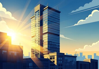 Stylized city skyline at golden hour showcasing a modern skyscraper