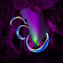 Surreal Cave Vista with Aurora Borealis and Abstract Glowing Accents