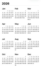 2026 Calendar: Simple calendar layout displaying all months of the year, offering a clear and organized view for planning and scheduling.