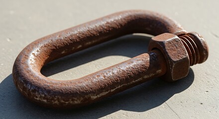 Weathered steel shackle fastened with a matching rusty threaded nut
