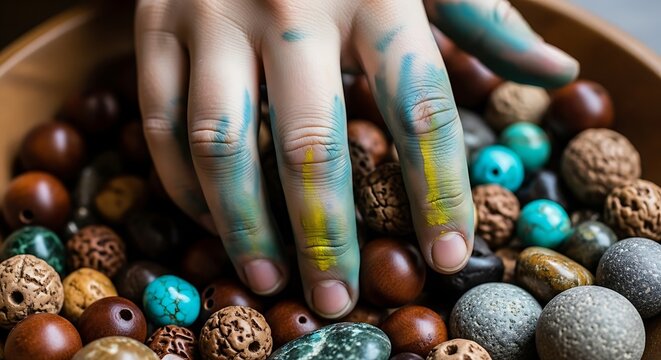A close-up of a person's paint-stained hand reaching into a wooden bowl filled with colorful beads, seeds, and stones for crafting. - Powered by Adobe