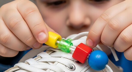 Close-up of a child's hands developing fine motor skills by threading colorful beads onto a white shoelace.