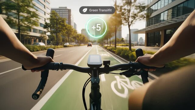 Rider Biking Along Green Bike Lane in Urban Environment, First Person - Powered by Adobe