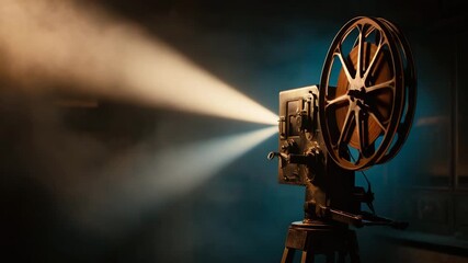 Vintage film projector casting light in a dark room
