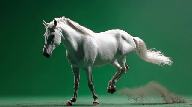Majestic white horse jumping in studio with green background