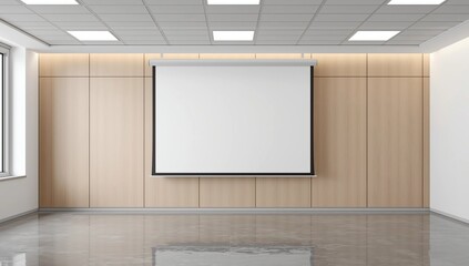 Front view of lecture room with empty white projector screen