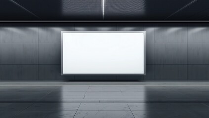 Front view on blank white banner with place for your logo or text in empty subway area with light grey floor and rails. 3D rendering, mock up 