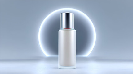 Frosted glass cosmetic pump bottle with a chrome silver cap, centered before a glowing white semi-circle. Conveys minimalist elegance, premium quality, and soft, clean beauty. Ideal for foundation.