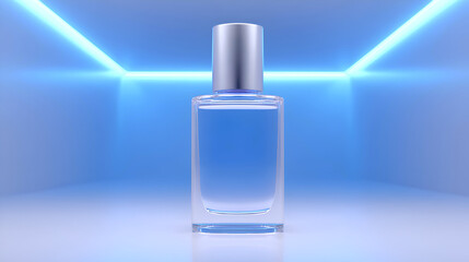 Minimalist glass perfume bottle with a silver cap, centered in a futuristic blue neon light setting. Represents luxury, high-tech, and cool elegance. Ideal for cosmetic ads.