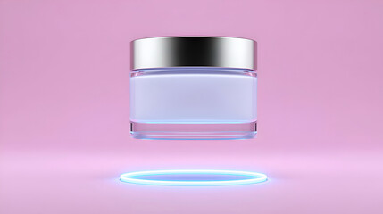 Cosmetic cream jar with a silver lid, levitating over a faint blue neon ring on a soft pink background. Conveys femininity, freshness, and high-quality beauty science. Suitable for skin care.
