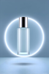 Frosted glass cosmetic pump bottle with a chrome cap, set against a cool blue background with a white neon ring. Conveys freshness, clean hydration, and professional, modern aesthetics. 