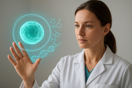 AI generated clinician projecting teal hologram cell nucleus with molecular biology elements conveying innovation science focus and futuristic medical research mood - Powered by Adobe