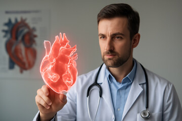 AI generated doctor examining a glowing 3D heart model with vivid red heart valves and a cardiac anatomy chart in the background. The professional, clinical ambiance conveys precision