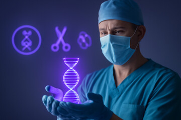 AI generated surgeon holding a glowing DNA helix with CRISPR icons in the background. This futuristic medical concept showcases genetic research and cutting-edge technology in gene editing.