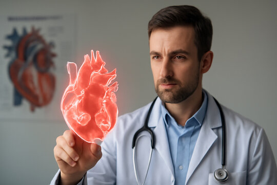 AI generated doctor examining a glowing 3D heart model with vivid red heart valves and a cardiac anatomy chart in the background. The professional, clinical ambiance conveys precision