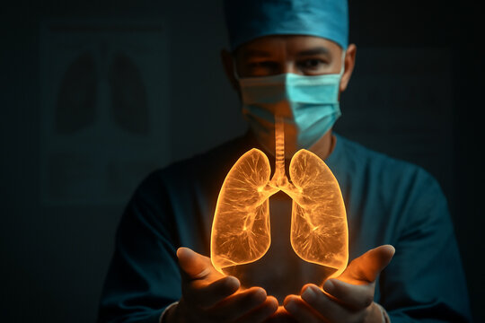 AI generated surgeon presenting a glowing holographic lung model with dramatic lighting and medical charts in the background. Captivating close-up showcasing healthcare innovation advanced technology.