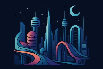 Futuristic urban skyline with vibrant architectural silhouettes under a night sky featuring sleek skyscrapers illuminated in cool tones and dynamic roadways symbolizing modernity and progress