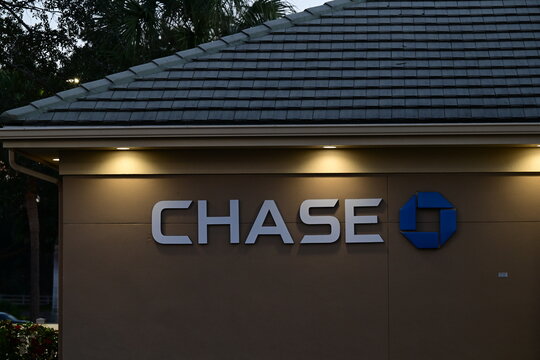 Chase Bank, consumer banking company at night in Lakewood Ranch, Florida