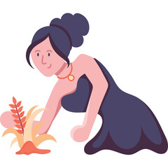 Woman in dark blue dress bending down to touch plants with orange leaves accessory on neck with light pink skin and dark hair bun on white background isolated