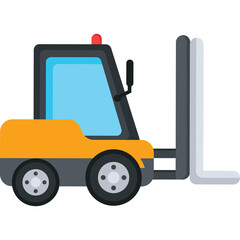 Yellow and grey forklift with a red light on top and blue tinted windows shown in profile view on a transparent background