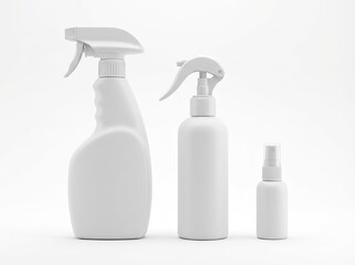 Three blank white spray bottles with various dispensing mechanisms on a clean white background.