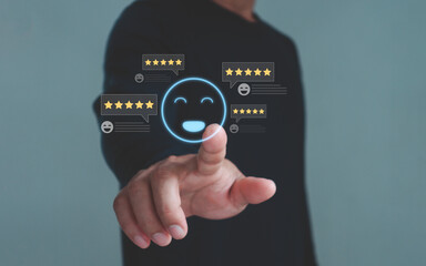 Customer satisfaction concept with hand touch on virtual screen, surrounded by five-star rating icons, representing positive feedback, user experience, online review quality, and service improvement.