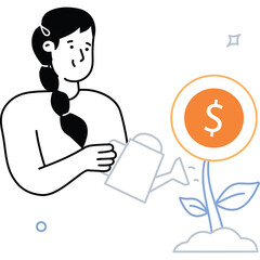 Woman carefully watering a money plant with dollar sign symbolizing financial growth and investment concept