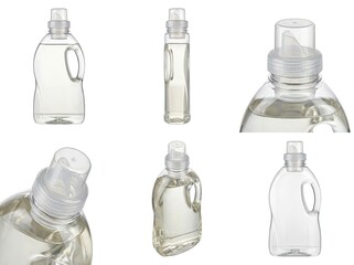 Clear plastic bottles with and without liquid, featuring a handle and measuring cap, presented from multiple angles
