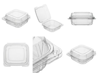 Clear plastic square food containers displayed on a white background