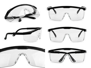 Clear safety glasses for eye protection, isolated on white background