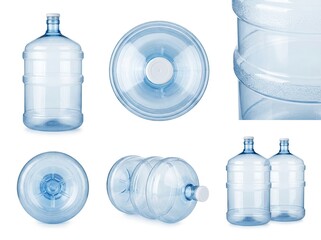 Collection of various views of clear blue empty plastic water cooler bottles
