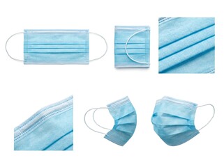 Blue surgical face masks on a white background for protection
