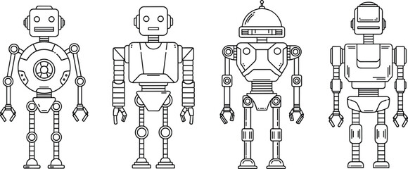Set of futuristic robot illustrations in clean line-art style, detailed mechanical designs, artificial intelligence characters for technology, sci-fi and engineering themes