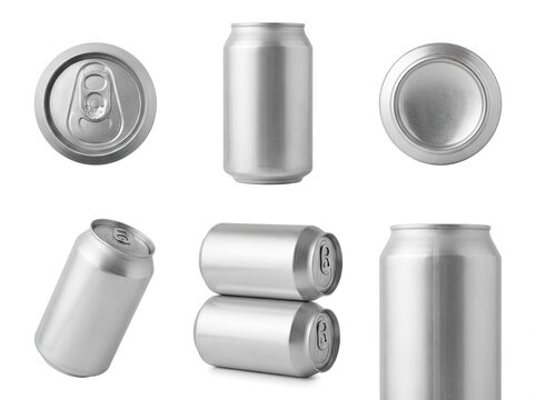 Silver aluminum beverage cans in various arrangements on a white background
