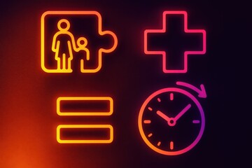 Obraz premium Visual symbolism of nurturing and care reflected through puzzle pieces representing family connections health symbols and the essence of time management in neon lighting