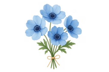 Blue anemone flowers composing a watercolor bouquet with green leaves and a delicate yellow bow, transparent background