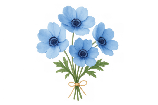 Blue anemone flowers composing a watercolor bouquet with green leaves and a delicate yellow bow, transparent background
