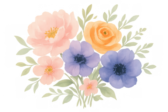 Watercolor floral bouquet with pastel flowers, anemones, peonies, and roses on transparent background
