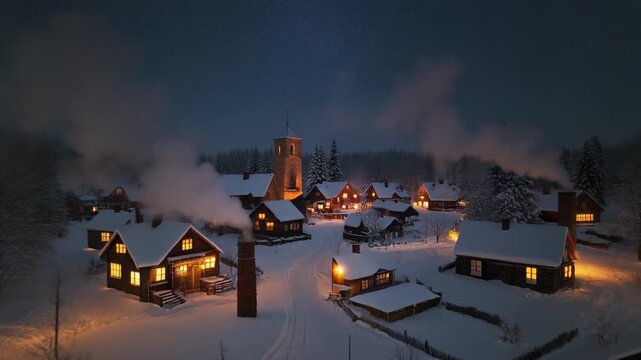 Winter Village at Night - A Snowy Scene of Cozy Homes and Glowing Lights.