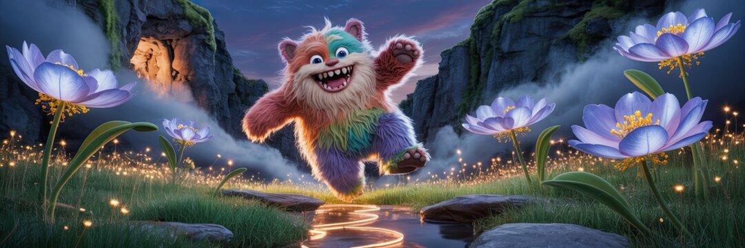 Fototapeta Cute rainbow fantasy bear dancing through magical glowing flower meadow at night whimsical 3D cartoon illustration